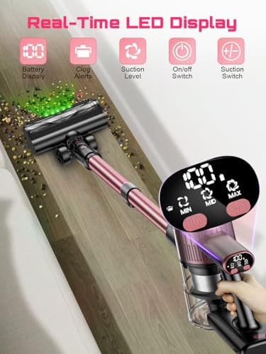 Cordless Vacuum Cleaner, 10 in 1 Stick Vacuum with Powerful Suction, Hose, Green LED Light, Anti-Tangle Brush, Lightweight Rechargeable Vacuum Cleaner for Home, Hardwood Floors, Carpets, Pet Hair,Pink