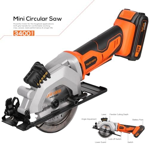 Mini Circular Saw, 20V 3400RPM Professional Cordless Circular Saw, Adjustable Angle and Depth,Max Cutting Depth 1-2/3"(90°), 1-1/8"(45°), Laser Guide, Rip Guide