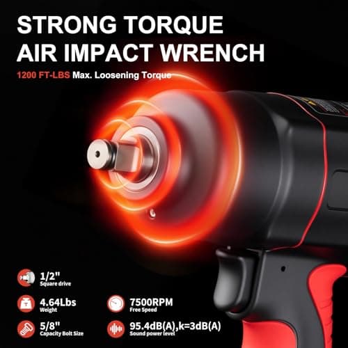 AEROPRO TOOLS 1/2-Inch Air Impact Wrench, Twin Hammer, 1200FT-LBS, 7500RPM, High Torque Pneumatic Impact Wrench, 1/2 Drive Air Impact Gun for Auto Repair, Tire Shop