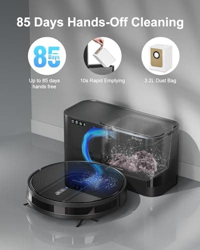 Robot Vacuum Cleaner with Self-Emptying Base – 9000Pa Suction, 85 Days of Dust Storage, Wi-Fi/App/Alexa Control – Ideal for Hard Floors, Low Carpets, and Pet Hair
