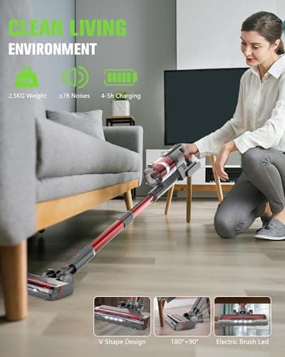 Cordless Vacuum Cleaner Rechargeable with 2600mAh Detachable Battery, 80,000PRM Powerful Vacuums with 2 Adjustable Suction, Lightweight Portable Stick Vacuum (Sunset Red)