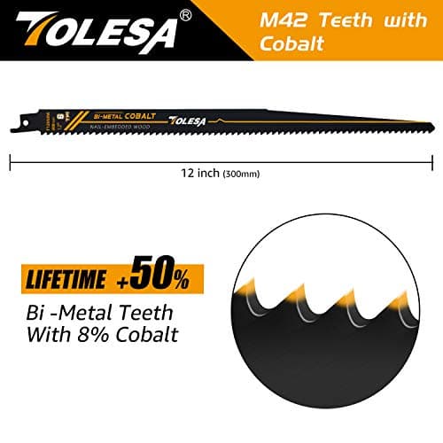 TOLESA Nail Embedded Wood Reciprocating Saw Blades for Window Door Demolition and Construction Wood Cutting 12 Inch 6TPI Bi-Metal Teeth with Cobalt Sharp Cutting 5 Pack