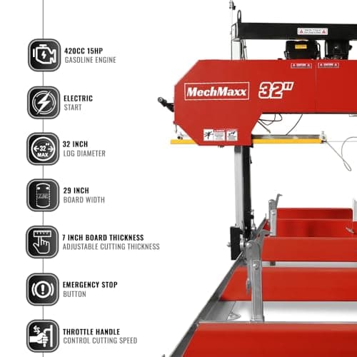 32" inch Portable Sawmill, 420cc 15HP E-Start Gasoline Engine, 29" Board Width, 13' Track Length, Model SM-32