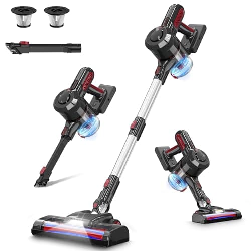 Cordless Vacuum Cleaner, 30Kpa/210W Stick Cordless Vacuum Up to 45 Mins Runtime, 8 in 1 Lightweight Vacuum for Hardwood Floor Carpet Pet Hair (Black-red)