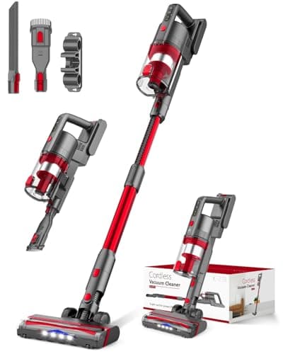 Cordless Vacuum Cleaner, 85,000PRM Upgraded Dual Suction Cordless Stick Vacuum up to 35mins Runtime, Lightweight Rechargeable Vacuum for Home (Grey Red)