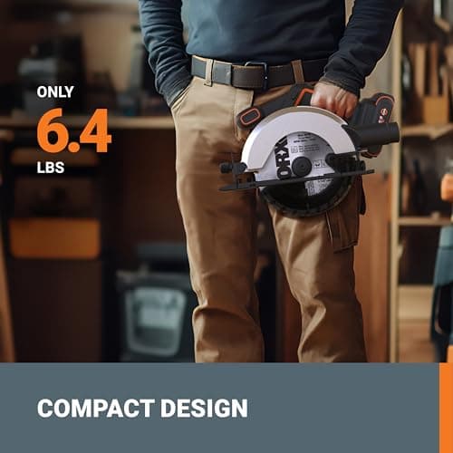 Worx 20V Cordless Electric Circular Saw 6-1/2'' Max. 2-3/16" Cutting Depth 4700 Rpm 0-50° Bevel Capacity 2.0 Ah Battery and Charger Included WX526L
