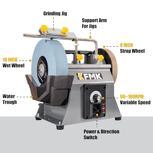 10 Inch Variable Speed Wet Sharpening System, 90-160RPM Wet Bench Grinder, Two Direction Water Cooled Wet/Dry Sharpening System for knife, Chisel, Scissor, Woodworking Tools