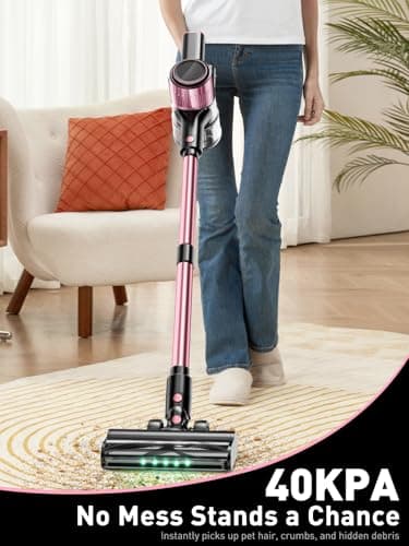 Cordless Vacuum Cleaner, 10-in-1 Vacuum Cleaners for Home with 28.75 in Hose, LED Display, Anti-Tangle Brush, Lightweight Stick Vacuums for Carpet, Pet Hair, Hardwood Floors, Dryer (Pink)
