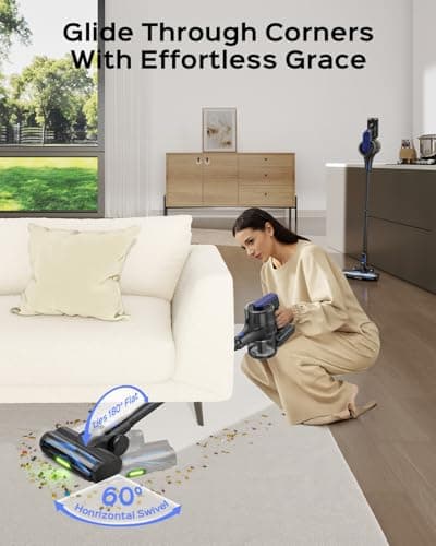 Cordless Stick Vacuum Cleaner, 55Min Cordless Vacuum Cleaners for Home, Powerful Suction Rechargeable Vacuum with Green LED Headlight, Lightweight Stick Vac for Carpet, Hardwood Floors & Pet Hair
