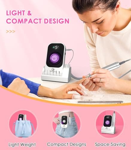 Portable Nail Drill Electric File: 40000RPM Professional Rechargeable Nail E-File Machine, Cordless Nail Drill with Bits & Base for Acrylic Nails Remove Nail Gel Polish Manicure for Salon Home, White