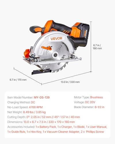 VEVOR Cordless Circular Saw, 6-1/2 inch Blade, 4700 RPM Speed, 0-45 Degree Bevel Capability, Brushless Motor, LED Light, Electric Circular Saw Kit with Battery and Charger Included, for Wood Cutting