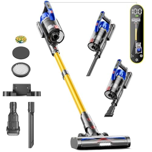 Cordless Vacuum Cleaner, 45Kpa 550W Vacuum Cleaners for Home, Max 70Mins Cordless Stick Vacuum with LED Screen, Dual Handle Anti-Tangle Rechargeable Vacuum for Hard Floors/Pet Hair/Carpet
