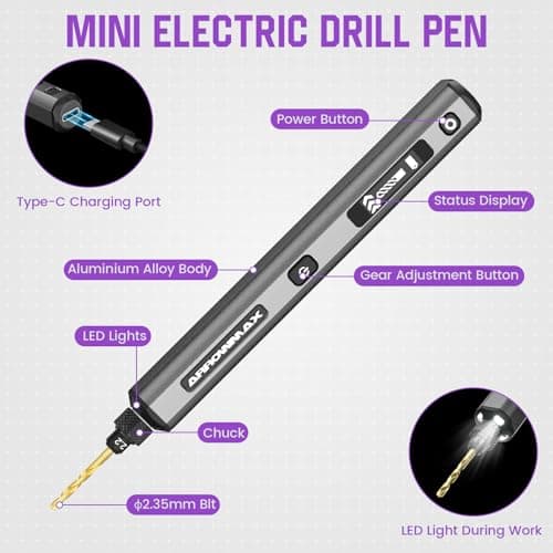 AM ARROWMAX Mini Drill Pen, 5-Speed, LED Lights, OLED Display, Aluminium Box, Resin Drill Set With 10 Small Bits, 3/32-Inch Shank, For Jewelry Making, Wood, Plastic