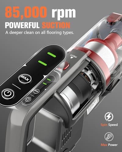Cordless Vacuum Cleaner, 85,000PRM Upgraded Dual Suction Cordless Stick Vacuum up to 35mins Runtime, Lightweight Rechargeable Vacuum for Home (Grey Red)