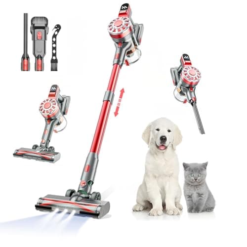 Cordless Vacuum Cleaners for Home with Powerful Suction,Stick Vacuum Cordless Rechargeable,Up to 35 Mins Runtime,Lightweight Hardwood Floor Vacuum for Pet Hair,Carpet(Light Red)