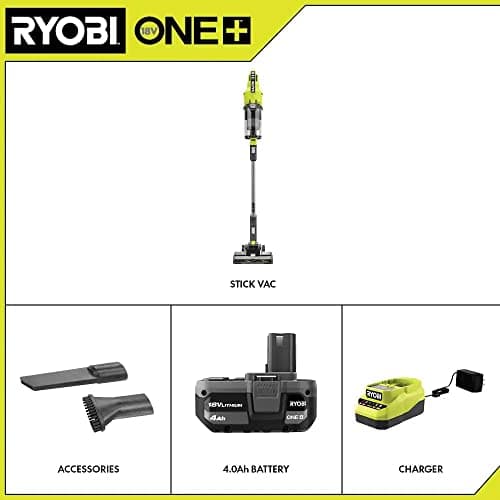 RYOBI Pacroban ONE+ 18V Cordless Stick Vacuum Cleaner Kit with 4.0 Ah Battery and Charger