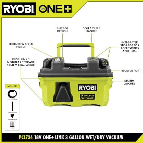 RYOBI 18V ONE+ Link 3 Gallon Wet/Dry Shop Vacuum (Bare Tool), Green