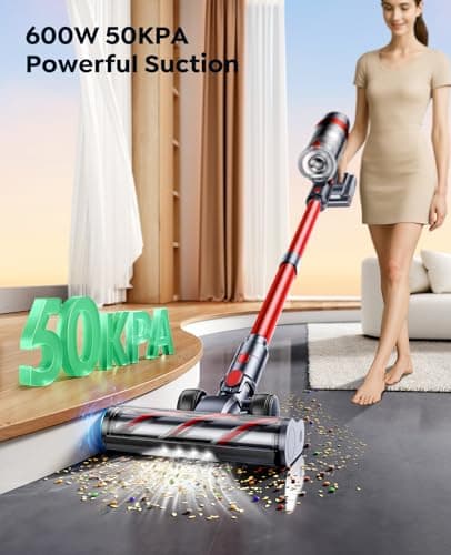 Cordless Vacuum Cleaner, 600W/50KPa Stick Vacuum, 65 Mins Runtime Rechargeable Vacuum, Wall Mount Charging, Auto Mode, Self-Standing Vacuum Cleaner for Home with 3.3Ft Hose for Pet Hair Carpet Floor