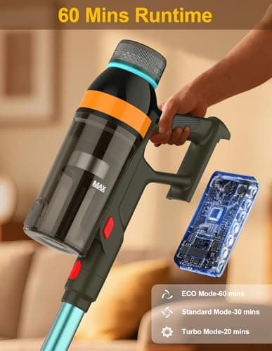 Cordless Vacuum Cleaner,550W/45KP/60Mins Stick Vacuum Cordless Rechargeable for Home/CarPet/Pet Hair/Floor-3 Suction Modes,Smart Screen&Headlight,Self-Standing,Removable Battery,Lighweight,Anti-Tangle