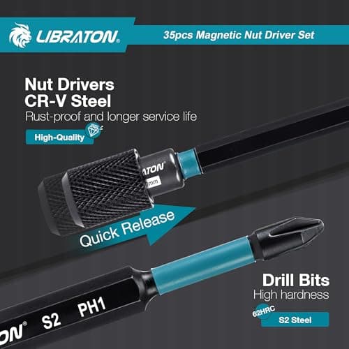 LIBRATON Magnetic Nut Driver Set, 35PCs Impact Driver Bit Set, Deep Nut Driver Set, Metric & SAE Nut Driver for Impact Drill, Wing Nut Driver, Quick-release Bit Holder, Drill Bit PH1 PH2, with Toolbox