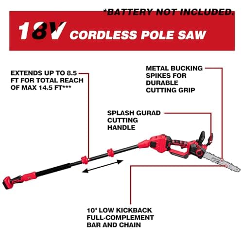 2-IN-1 Cordless 10-Inch Pole Saw And Chainsaw Compatible with Milwaukee M18 18V Battery, Total Reach of Max 15ft, Auto Oiling, Electric Pole Saw for Tree Trimming Pruning (Battery NOT Included)