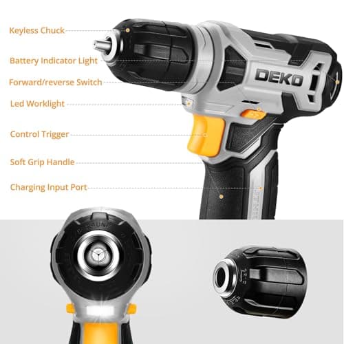 DEKOPRO 8V Cordless Drill, Drill Set with 3/8"Keyless Chuck, 42pcs Acessories, Built-in LED, Type-C Charge Cable, Gray Power Drill for Drilling and Tightening/Loosening Screws