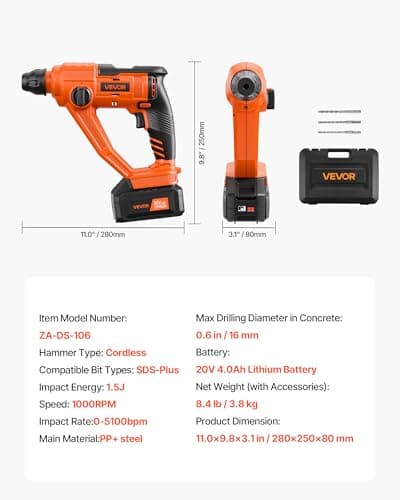 VEVOR 5/8" SDS-Plus Rotary Hammer Drill,20V Brushless Cordless Hammer Drills,4.0Ah Lithium-Ion Battery Powered,3.0A Fast Charger,Electric Demolition Hammers Variable Speed,Power Tool For Concret