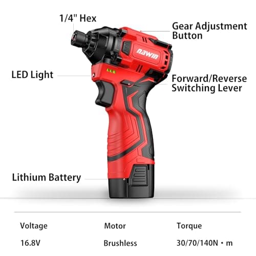 Cordless Impact Driver Kit 16.8V Max Torque 140Nm（105ft-lbs）High Rotation Electric Impact Driver Brushless Motor Continuously Variable Rechargeable 1/4" impact driver 2.0Ah Batteries