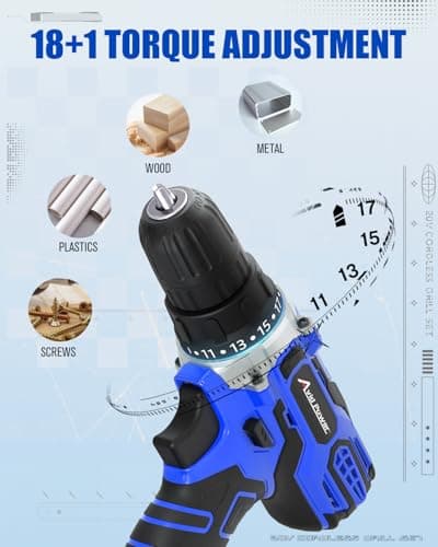 AVID POWER 20V MAX Power Drill Kit, Cordless Drill Set with Battery and Charger, 2 Variable Speed, 3/8-Inch Keyless Chuck, 19 Position and 22pcs Bits - Blue