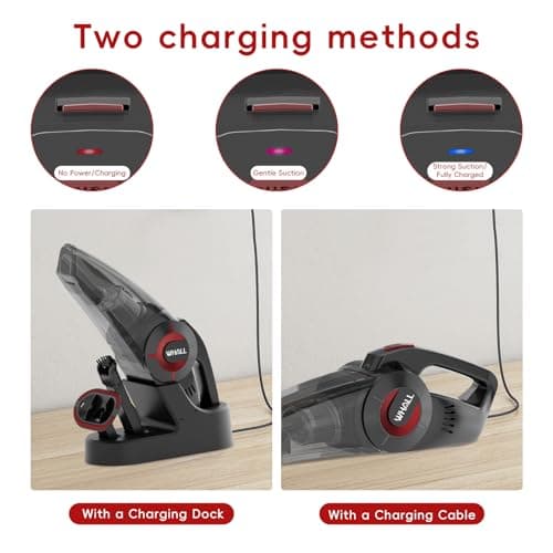whall Handheld Cordless Car Vacuums, Wet and Dry Use 9000Pa Strong Suction Vacuums, Rechargeable Portable Vacuum Cleaner with LED, Charging Dock, Lightweight Mini Vacuum for Car, Home and Office, Red