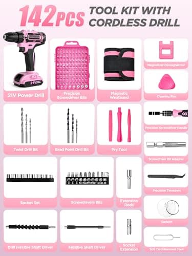 Pink Cordless Drill Set 142 Pcs, 21V Pink Power Drill Tool Set Kit with Storage Bag, Electric Drill Set for Women, Precision Screwdriver set, Magnetic Wristband, for Home DIY Projects