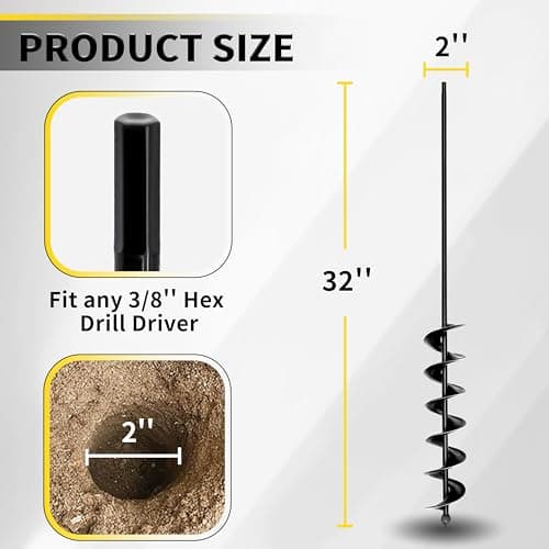 2”x32“ Auger Drill Bit for Planting, Heavy-Duty Planting Auger for Bulbs, Post Hole Digger for 3/8”Hex Drive Drill