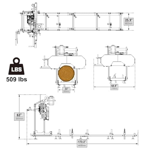 22" inch Portable Sawmill, 270cc 9HP Gasoline Engine, 20" Board Width, 13' Track Length, Model SM-22