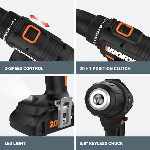 Worx 20V Cordless Drill Driver, 84pc Accessory Kit, Variable 2-Speed, 265 In-Lbs Torque, 20+1 Clutch, Lightweight, Compact, 3/8-Inch Keyless Chuck - Battery & Charger Included