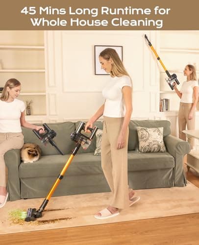 Cordless Vacuum Cleaner, 45Mins Powerful Vacuum Cleaners for Home, Lightweight Stick Vacuum Cordless with Advanced Green Light Tech, Rechargeable Battery Vacuum for Carpet,Pet Hair,Hardwood Floor