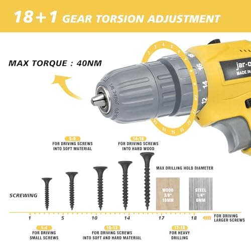 Jar-Owl 21V Cordless Drill Set, 0-1350RMP Variable Speed,350 in-lb Torque,10MM 3/8'' Keyless Chuck, 18+1 Clutch, 1.5Ah Li-Ion Battery & Charger for Home Tool Kit - Black & Yellow