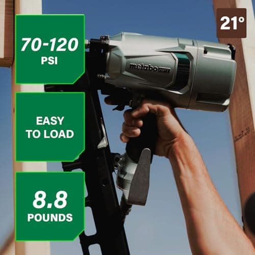 Metabo HPT Framing Nailer, Pro-Preferred Pneumatic Power Nailer & Framing Tool for Flooring, Roof Decking, Selectable Trigger & Rafter Hook, 21° 2" to 3-1/4" Plastic Collated Nails, NR83A5