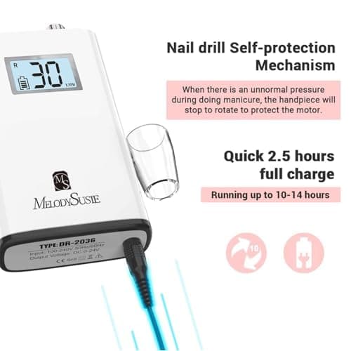 MelodySusie Professional Rechargeable 30000 rpm Nail Drill,SC320H Portable Electric E File Scamander, Acrylic Gel Grinder Tools with 6 Bits and Sanding Bands for Manicure Pedicure Carve Polish (White)