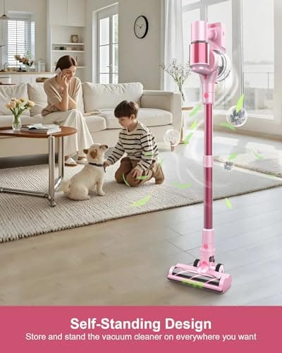 Pink Cordless Vacuum Cleaner, 45Kpa/550W/60 Mins Runtime Stick Vacuum with Self-Standing and Touch Screen, Anti-Tangle Wireless Vacumm, Vacuum Cleaners for Home/Pet Hair/Carpets/Floors