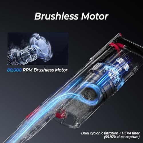Cordless Vacuum Cleaner 45Kpa Brushless Motor Vacuum Cleaners for Home, Lightweight Stick Vacuum with LED Floor Brush, Rechargeable Cordless Vacuum for Pet Hair Carpet Hardwood Floor