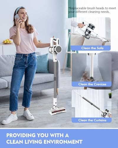 Cordless Vacuum Cleaner, 80,000 RPM Motor and Power Filtration, Stick Vacuum with 2200 mAh Battery, 35 Mins Worktime, 2 Modes, Rotated Multi-Heads, Height-Adjustable Vacuum for Home (Gray Nickel)