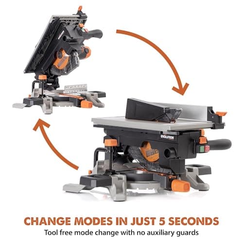 Evolution R8MTS | 8-1/4” Convertible Miter/Table Saw | Multi-Function Saw | 0-45° Bevel & +/- 45° Miter | Multi-Material Cutting: Wood, Plastic, Metal | Compact, Powerful 12A Motor | TCT Blade Incl