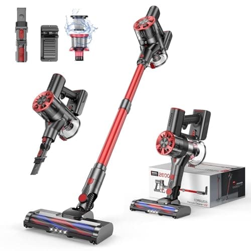 Cordless Vacuum Cleaner Rechargeable with 2600mAh Detachable Battery, Powerful Vacuums with 2 Adjustable Modes, Lightweight Portable Stick Vacuum for Home (Red Black)