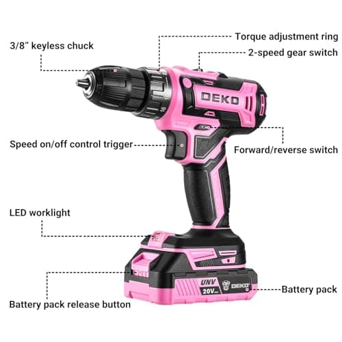Power Drill Cordless: DEKO PRO Pink Cordless Drill 20V Electric Power Drill Set Tool for Women Drills with Battery and Charger 20 Volt Drills Driver Kit