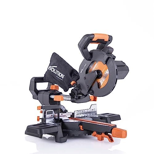 Evolution Power Tools R185SMS+ Sliding Miter Saw with Multi-Material Cutting, 45 Degree Bevel, 50 Degree Miter, 210 mm Slide, Blade Included Cuts Wood Plastic Metal & More, 7-1/4"