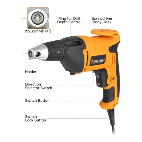 Hoteche 4.5-Amp Drywall Screw Gun, Electric Screwdriver with Variable Speed 0-4500 RPM, 1/4" Chuck, Forward & Reverse Switch