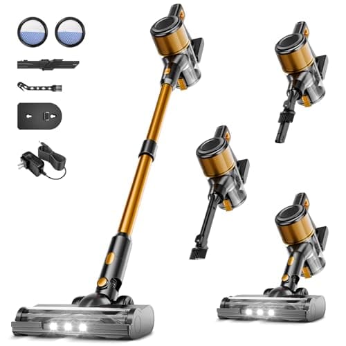 Cordless Vacuum Cleaner,55Mins/Powerful Vacuum Cleaners for Home,Stick Vacuums with 8 in 1,Touch Screen,LED Headlights, Anti-Tangle,Rechargeable,Lightweight for Carpet,Hard Floor, Pet Hair,Gold