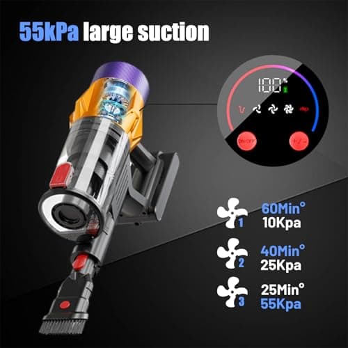 Cordless Vacuum Cleaner, 550W 55KPA 60 Mins Runtime Self-Standing Vacuum Cleaners, Stick Vacuum with Charging Dock Station Removable Battery, Handheld Vacuum for Pet Hair/Carpet/Floor
