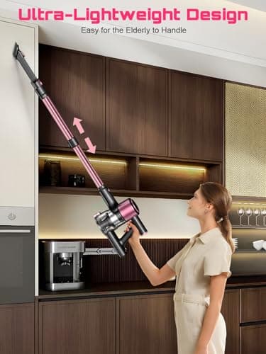 Cordless Vacuum Cleaner, 10 in 1 Stick Vacuum with Powerful Suction, Hose, Green LED Light, Anti-Tangle Brush, Lightweight Rechargeable Vacuum Cleaner for Home, Hardwood Floors, Carpets, Pet Hair,Pink