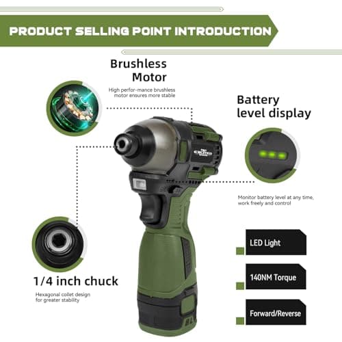17V Brushless Screwdriver, 140Nm Cordless Impact Driver Set with 3 Adjustable Speed, 2 Batteries and Led Work Light